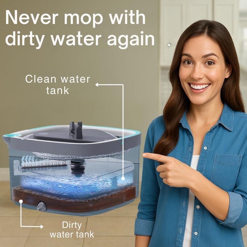 True & Tidy Square Spin Mop & Bucket System – Dual Chamber for Clean & Dirty Water, 360° Rotating Self-Wringing Mop with Built-in Scrub Brush, Stainless Steel Handle & 2 Reusable Microfiber Mop Pads - Image 2